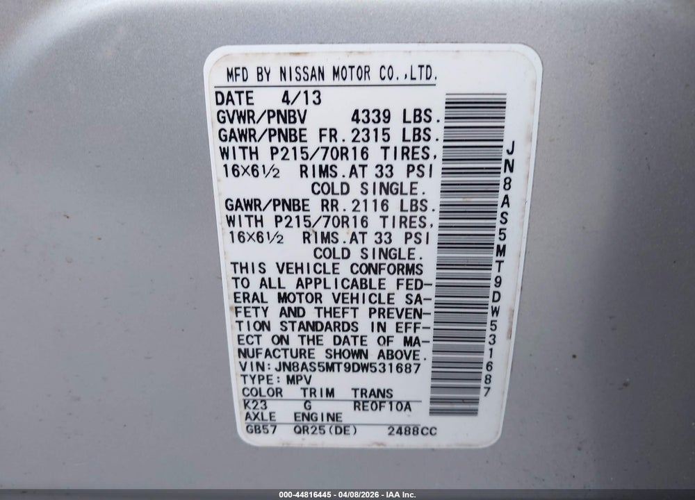 2013 NISSAN ROGUE S VIN: JN8AS5MT9DW531687