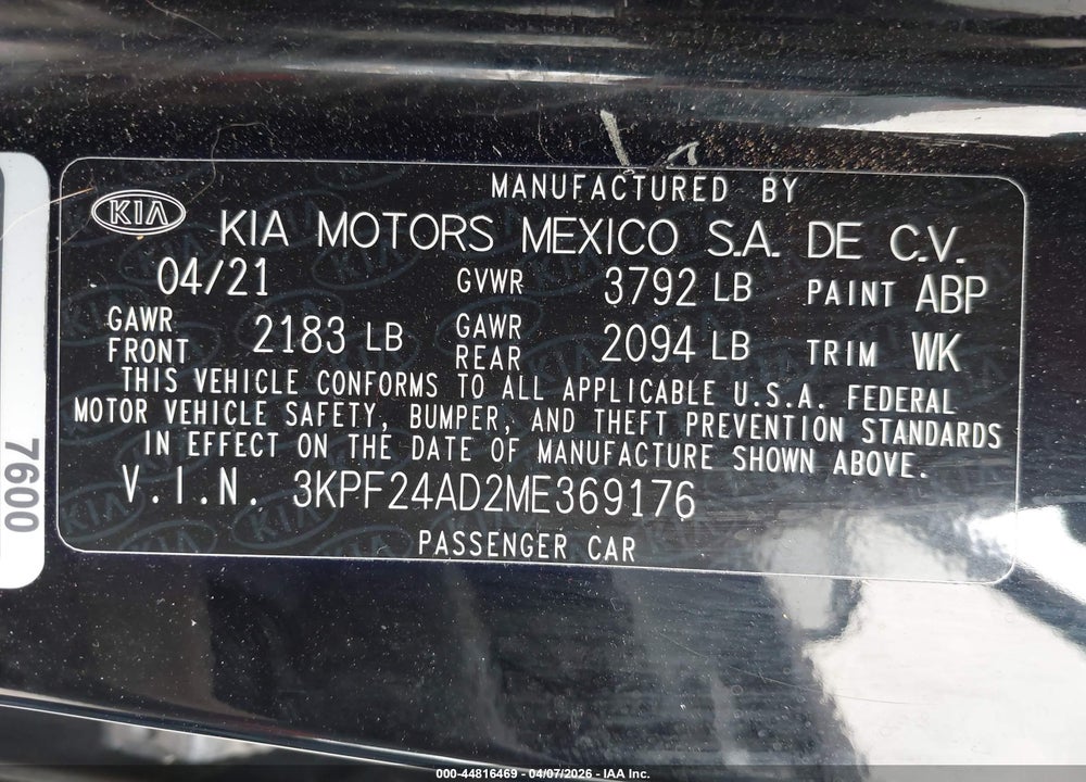 2021 KIA FORTE VIN: 3KPF24AD2ME369176