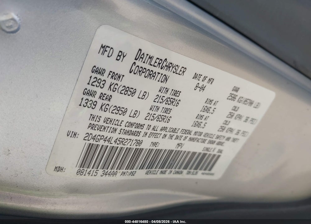 2005 DODGE GRAND CARAVAN SXT VIN: 2D4GP44L45R271780