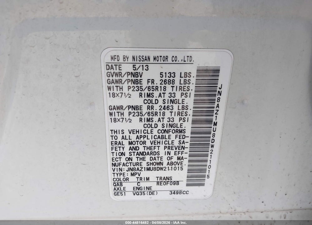 2013 NISSAN MURANO SV VIN: JN8AZ1MU8DW211015