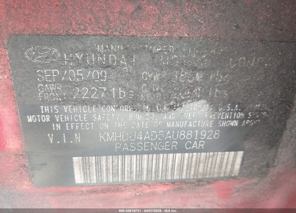 2010 HYUNDAI ELANTRA GLS VIN: KMHDU4AD5AU881928