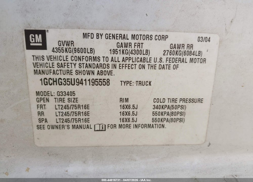 2004 CHEVROLET EXPRESS VIN: 1GCHG35U941195558