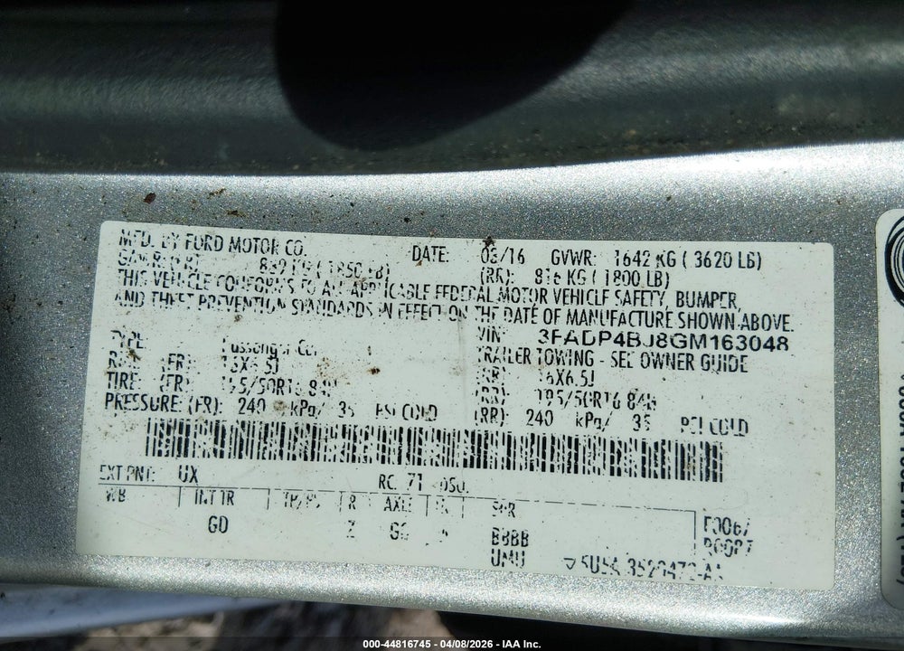 2016 FORD FIESTA SE VIN: 3FADP4BJ8GM163048