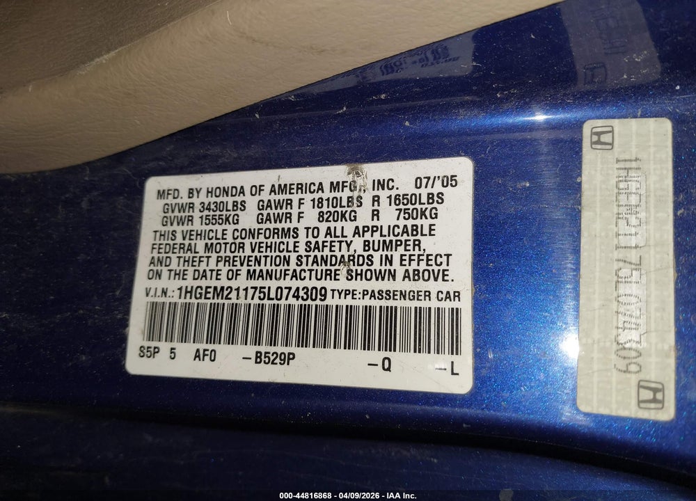 2005 HONDA CIVIC VP VIN: 1HGEM21175L074309