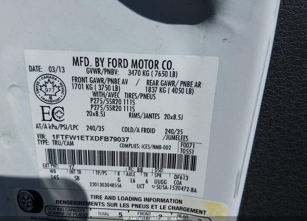 2013 FORD F-150 FX4 VIN: 1FTFW1ETXDFB79037