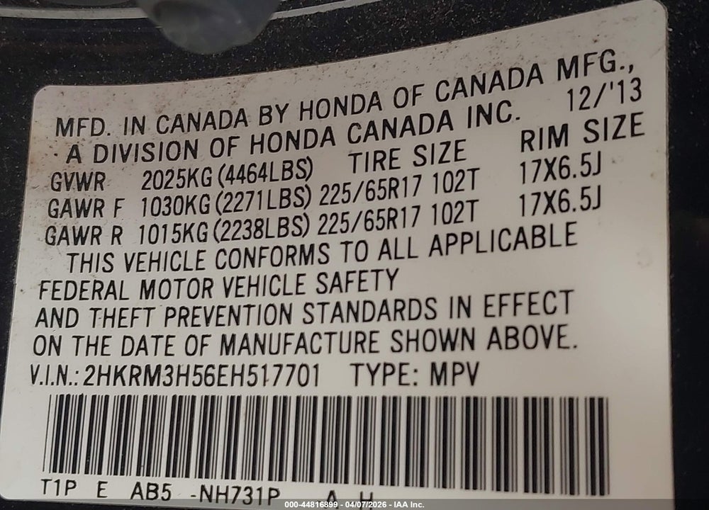2014 HONDA CR-V EX VIN: 2HKRM3H56EH517701