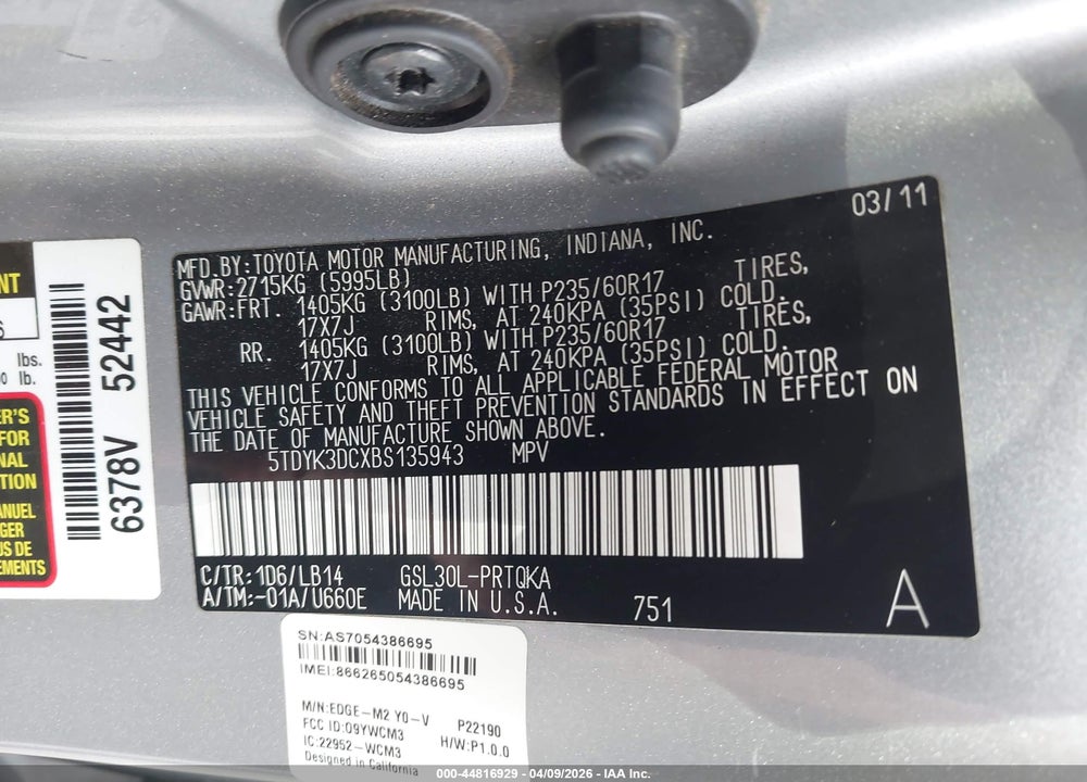 2011 TOYOTA SIENNA XLE V6 VIN: 5TDYK3DCXBS135943