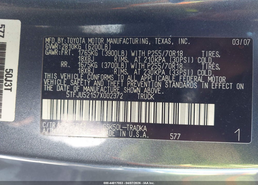 2007 TOYOTA TUNDRA BASE V6 VIN: 5TFJU52157X002372