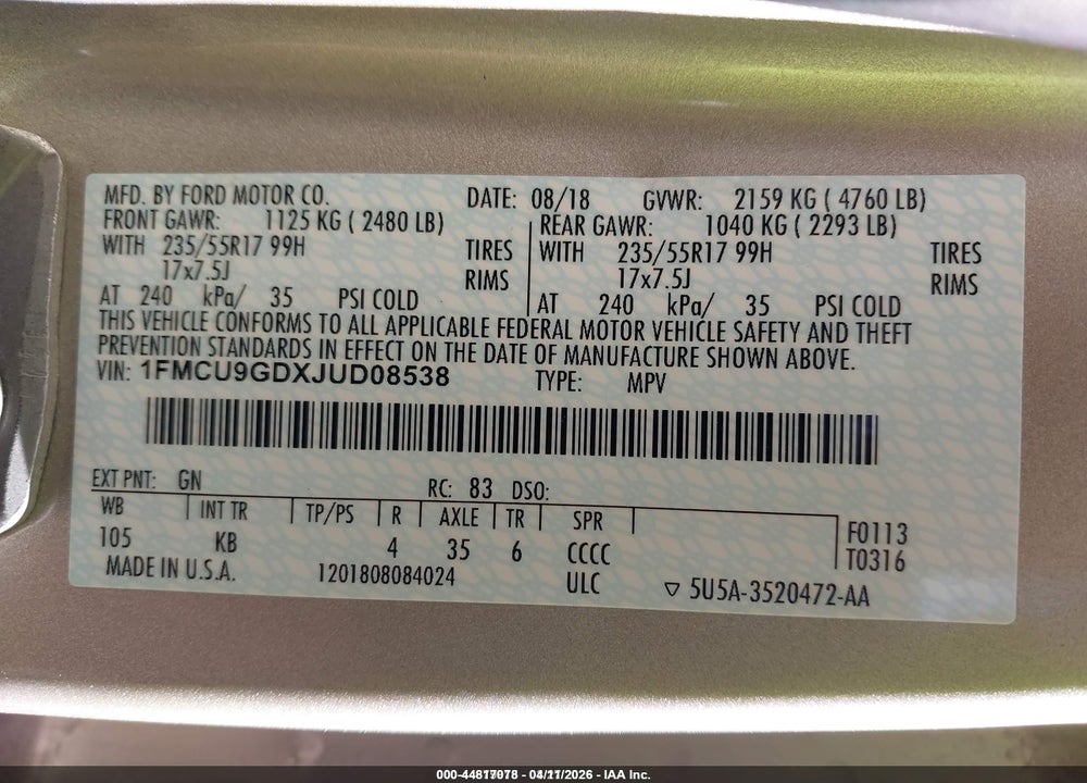 2018 FORD ESCAPE SE VIN: 1FMCU9GDXJUD08538
