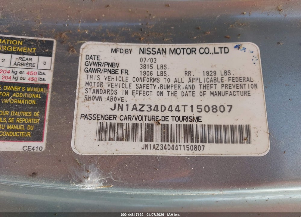 2004 NISSAN 350Z TOURING VIN: JN1AZ34D44T150807