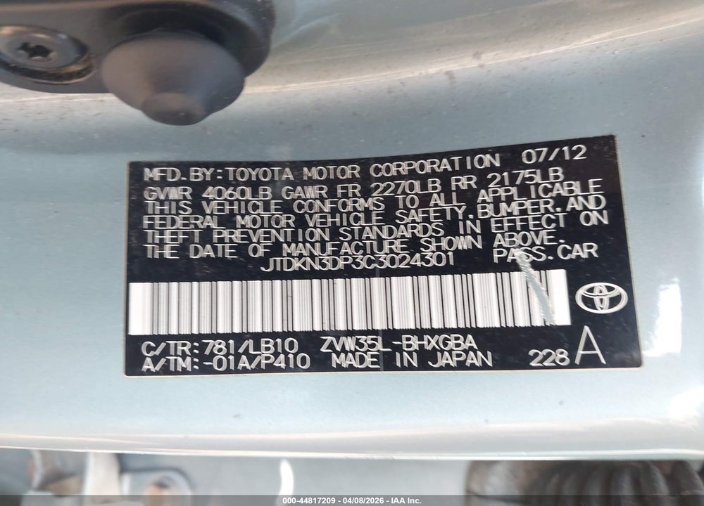 2012 TOYOTA PRIUS PLUG-IN ADVANCED VIN: JTDKN3DP3C3024301