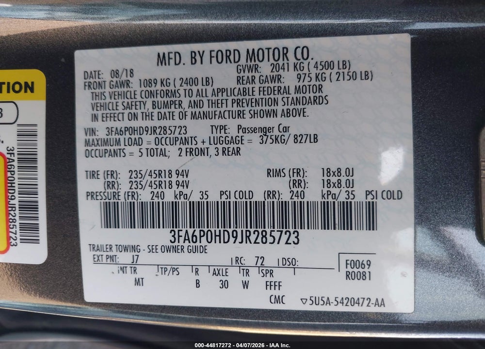 2018 FORD FUSION SE VIN: 3FA6P0HD9JR285723