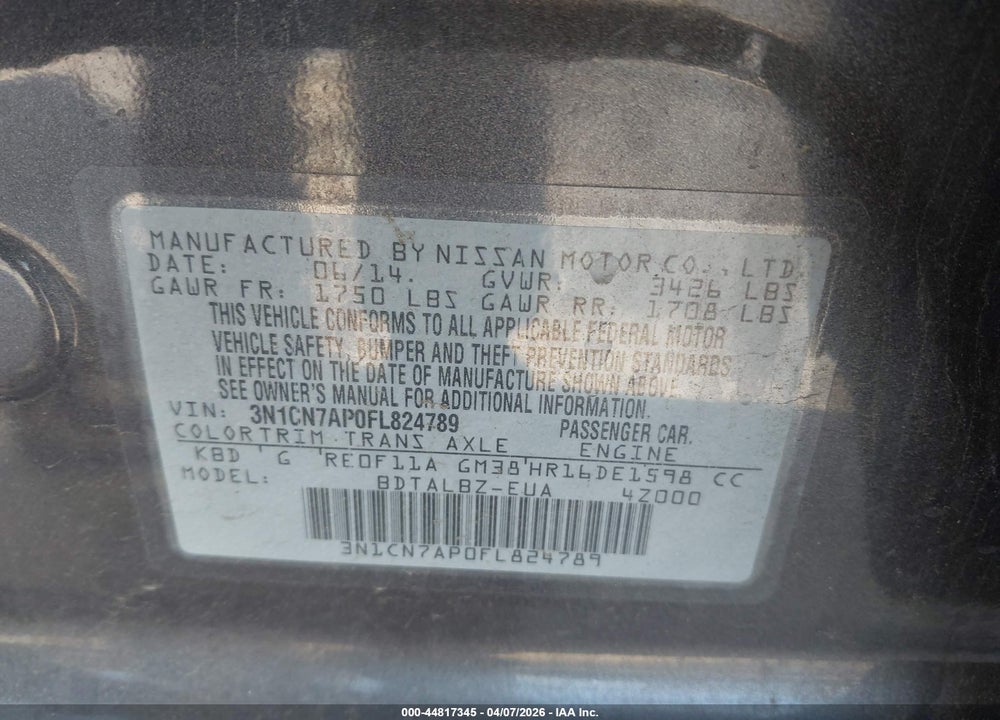 2015 NISSAN VERSA 1.6 S/1.6 S+/1.6 SL/1.6 SV VIN: 3N1CN7AP0FL824789