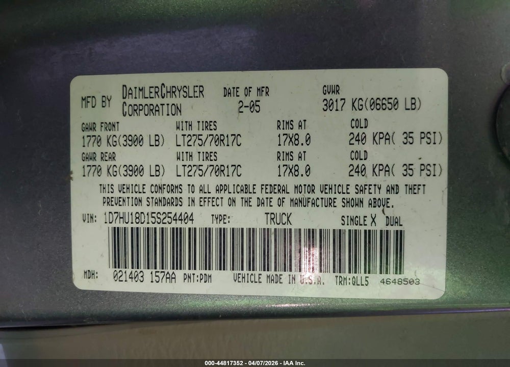 2005 DODGE RAM 1500 SLT/LARAMIE VIN: 1D7HU18D15S254404