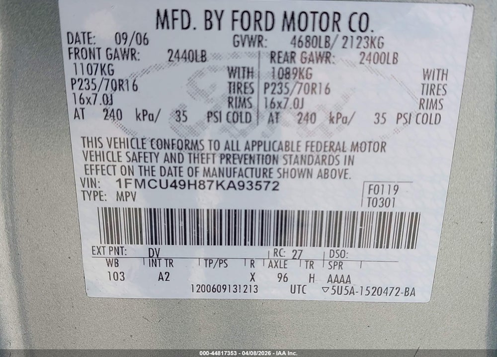 2007 FORD ESCAPE HYBRID VIN: 1FMCU49H87KA93572