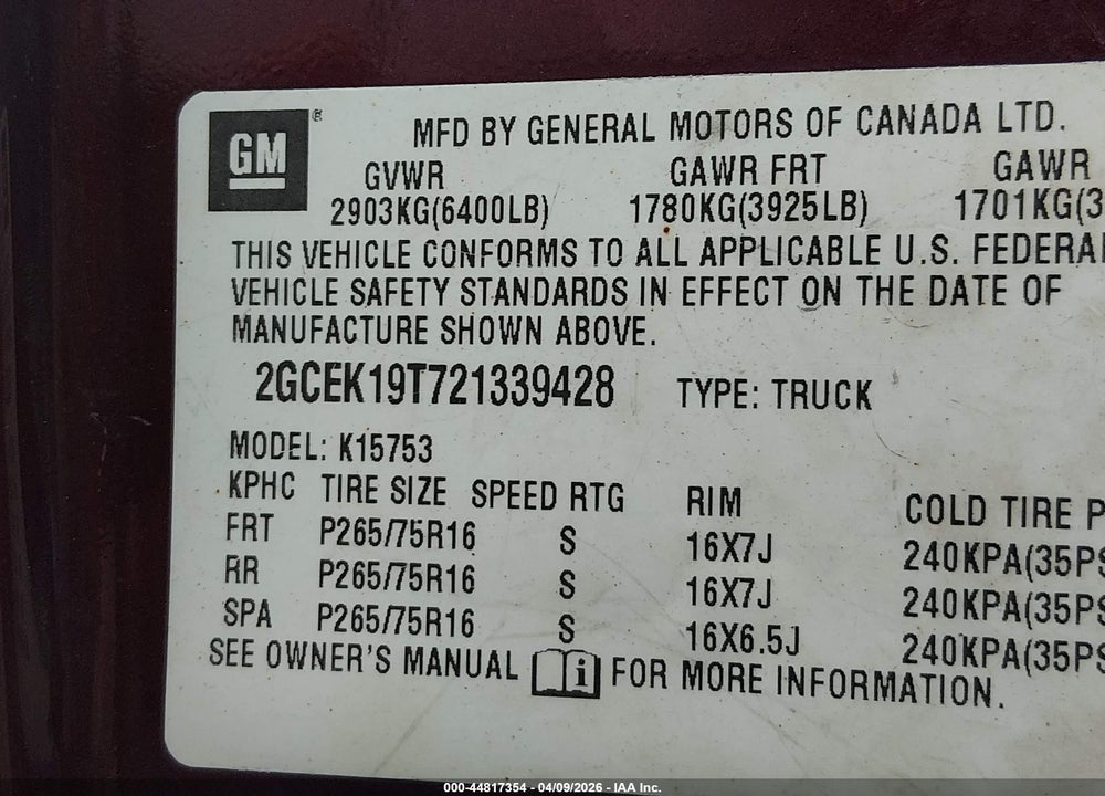 2002 CHEVROLET SILVERADO 1500 LS VIN: 2GCEK19T721339428