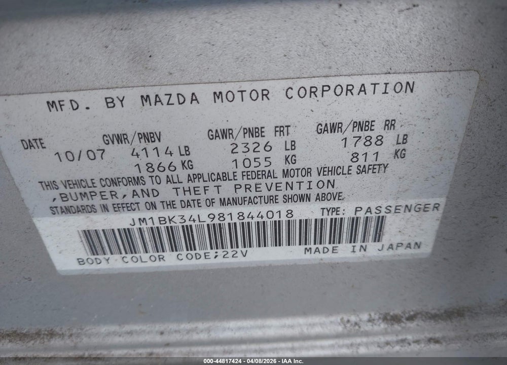2008 MAZDA SPEED3 SPORT VIN: JM1BK34L981844018