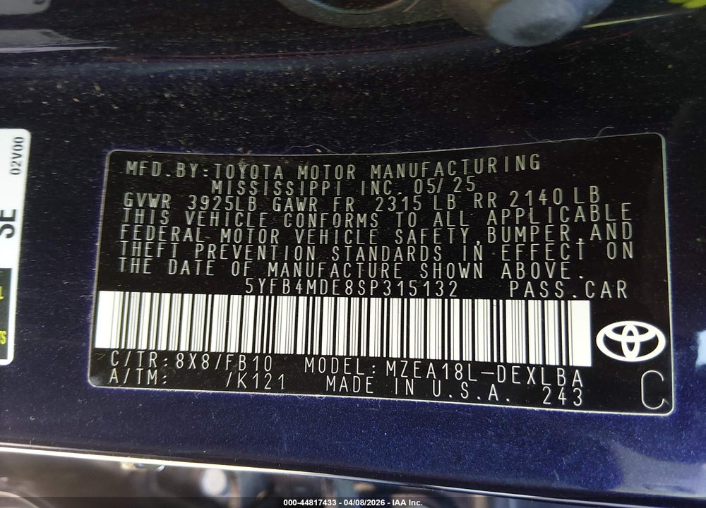 2025 TOYOTA COROLLA LE VIN: 5YFB4MDE8SP315132