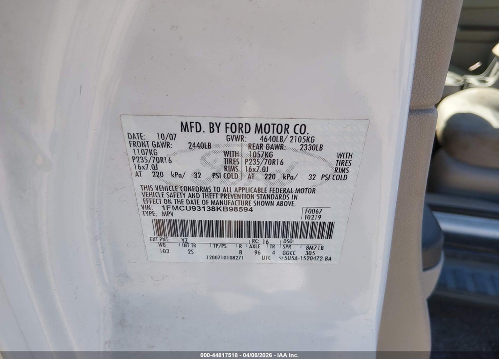 2008 FORD ESCAPE XLT VIN: 1FMCU93138KB98594
