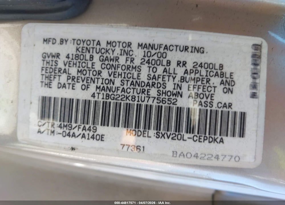 2001 TOYOTA CAMRY CE VIN: 4T1BG22K81U775652