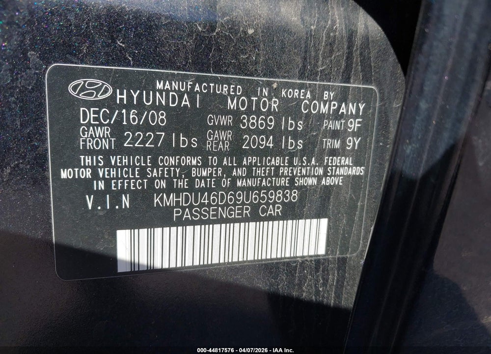 2009 HYUNDAI ELANTRA SE VIN: KMHDU46D69U659838