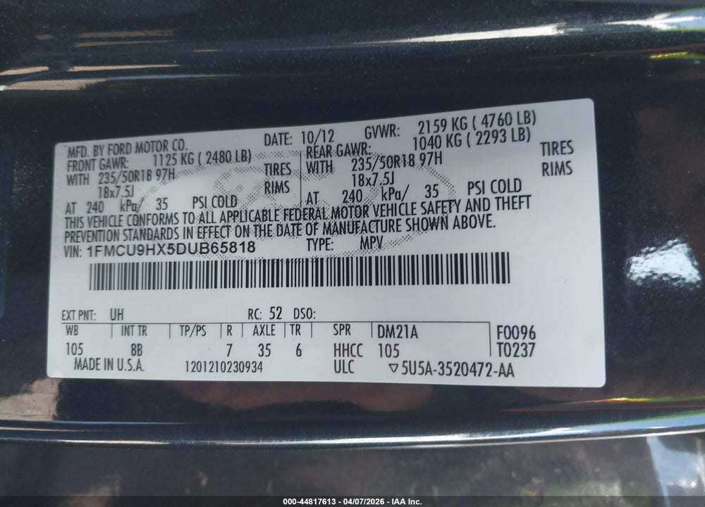 2013 FORD ESCAPE SEL VIN: 1FMCU9HX5DUB65818