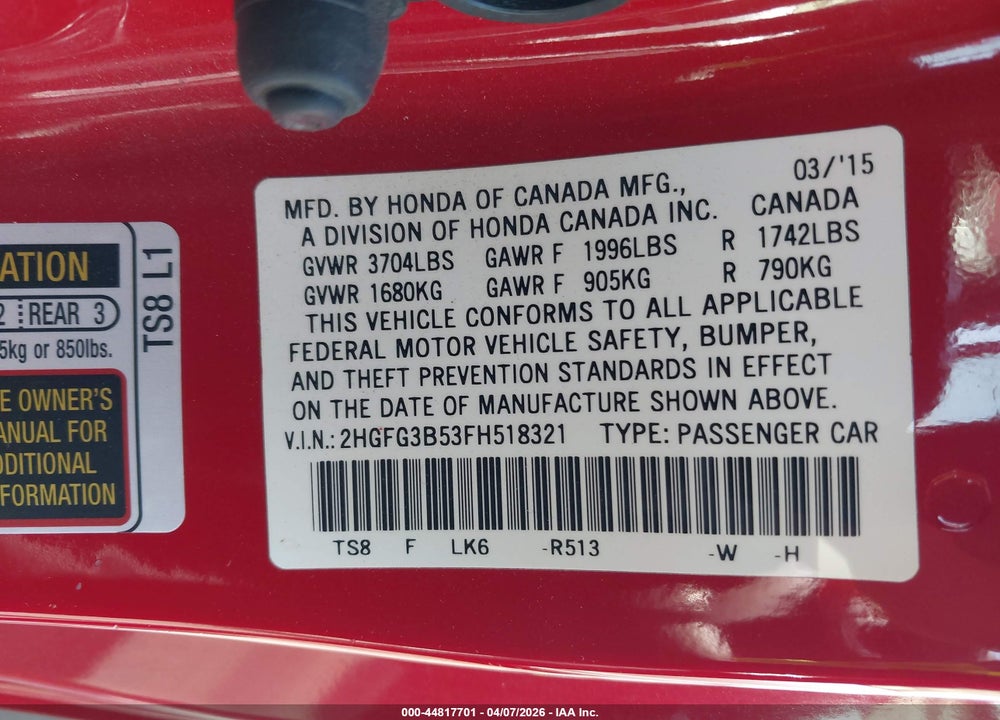 2015 HONDA CIVIC LX VIN: 2HGFG3B53FH518321
