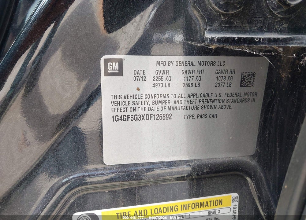 2013 BUICK LACROSSE PREMIUM 1 GROUP VIN: 1G4GF5G3XDF126892