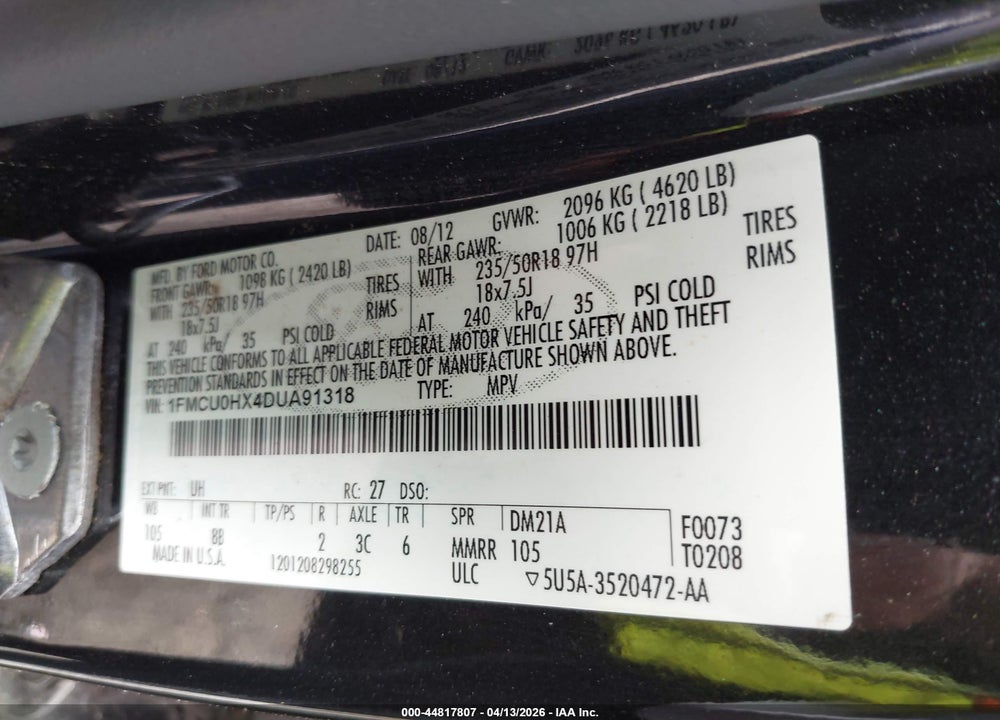 2013 FORD ESCAPE SEL VIN: 1FMCU0HX4DUA91318
