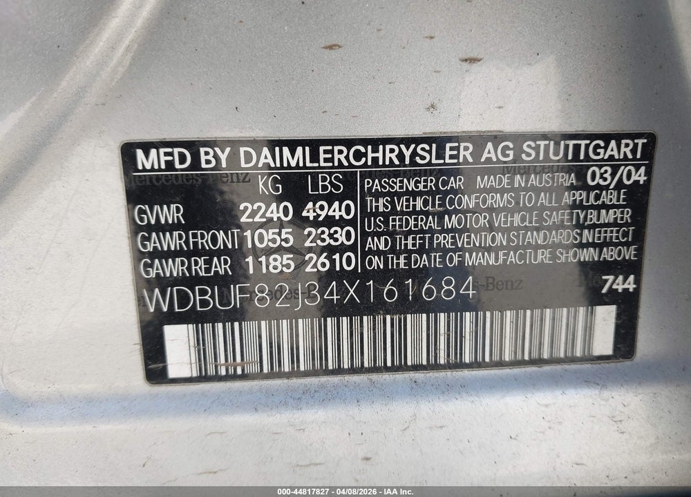2004 MERCEDES-BENZ E 320 4MATIC VIN: WDBUF82J34X161684