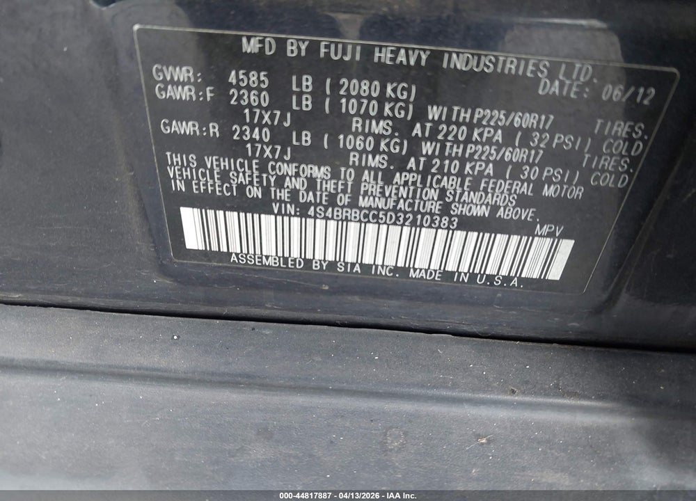 2013 SUBARU OUTBACK 2.5I PREMIUM VIN: 4S4BRBCC5D3210383