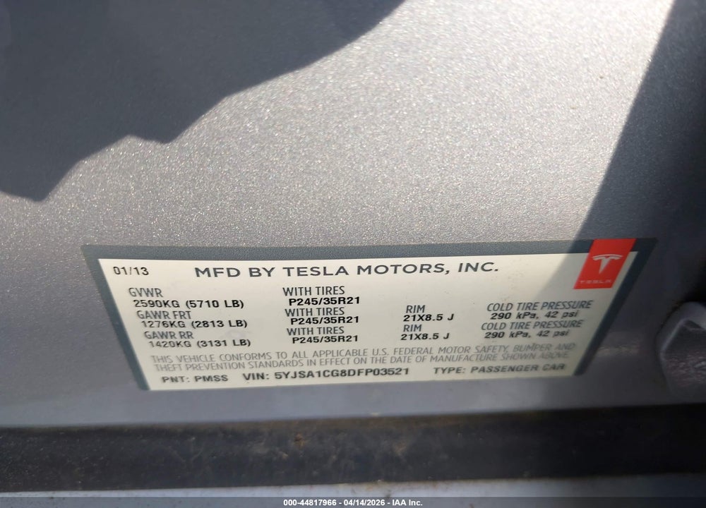 2013 TESLA MODEL S VIN: 5YJSA1CG8DFP03521