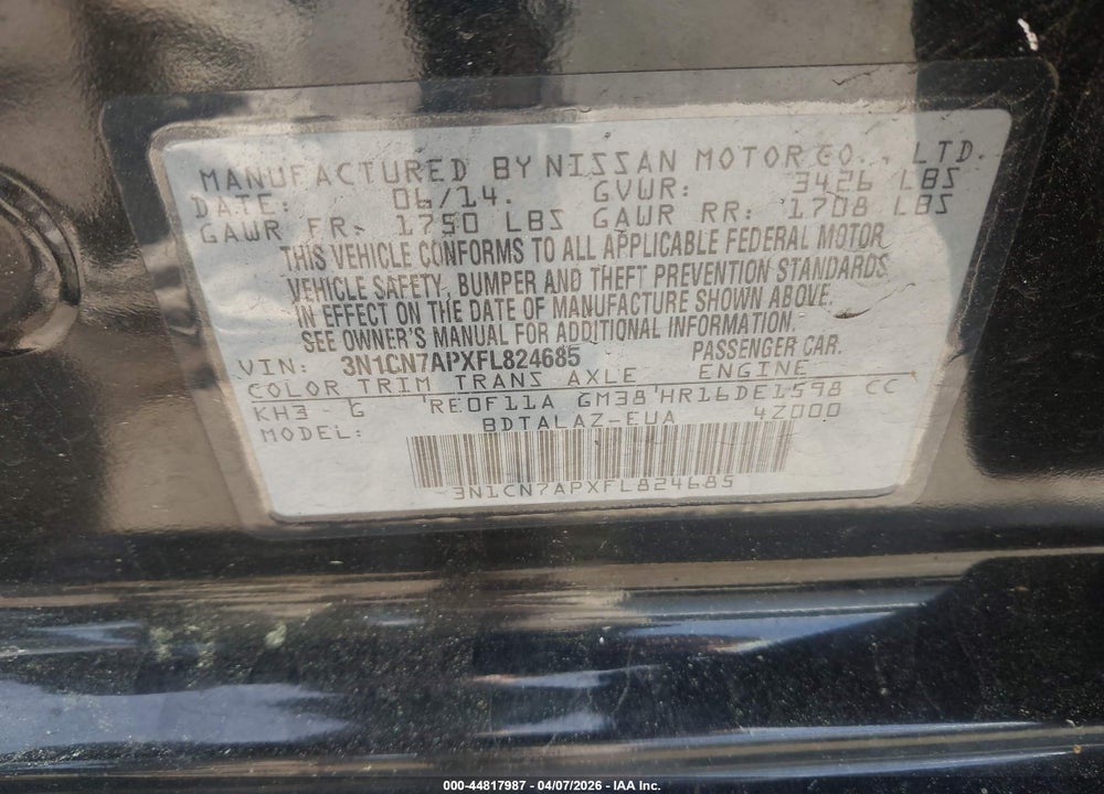 2015 NISSAN VERSA 1.6 S+ VIN: 3N1CN7APXFL824685