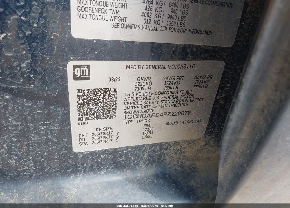 2023 CHEVROLET SILVERADO 1500 4WD  SHORT BED WT VIN: 1GCUDAED4PZ229679