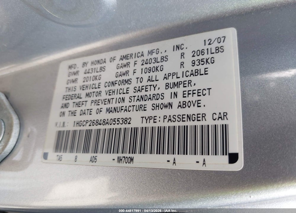 2008 HONDA ACCORD 2.4 EX-L VIN: 1HGCP26848A055382
