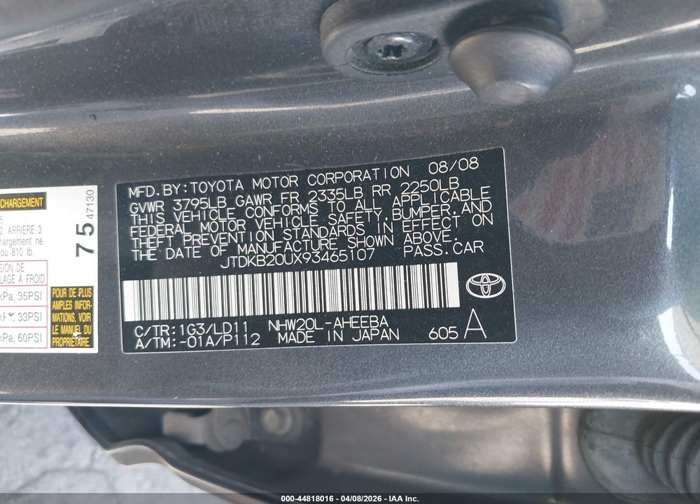 2009 TOYOTA PRIUS VIN: JTDKB20UX93465107