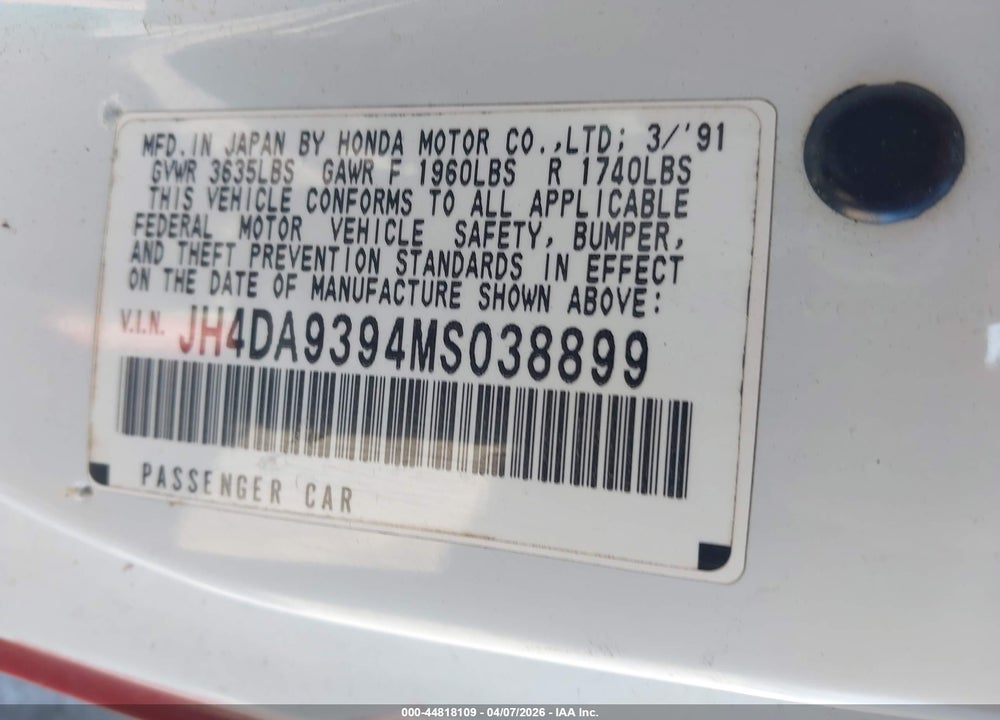 1991 ACURA INTEGRA LS SPECIAL VIN: JH4DA9394MS038899