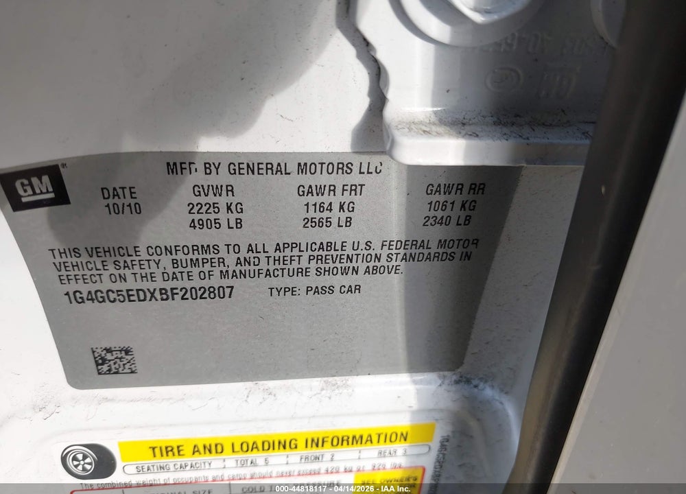 2011 BUICK LACROSSE CXL VIN: 1G4GC5EDXBF202807