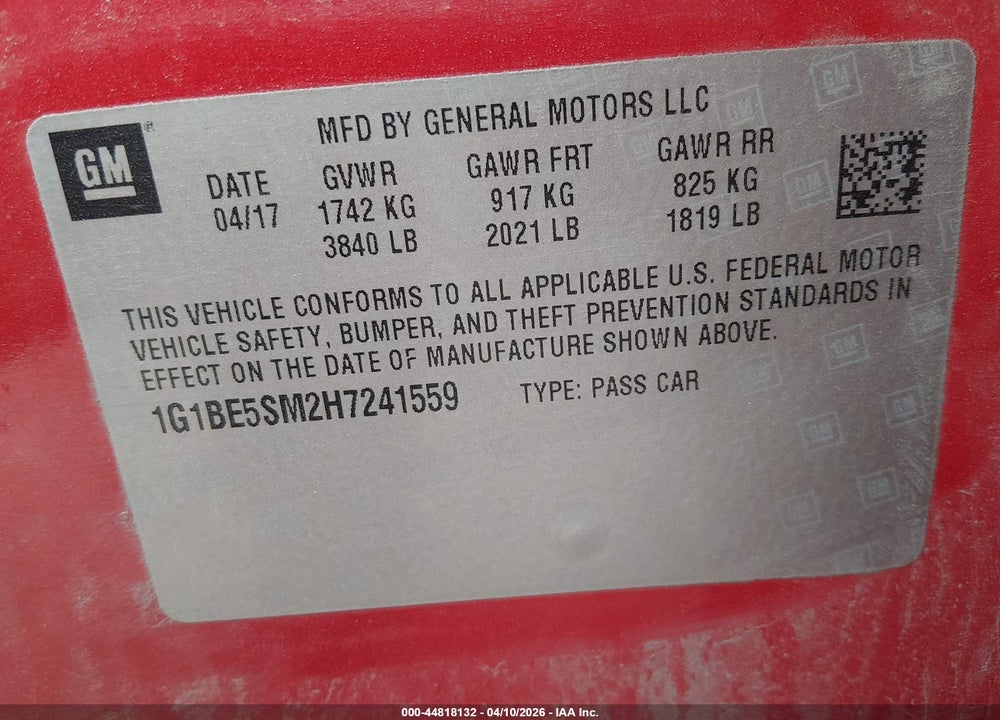 2017 CHEVROLET CRUZE LT AUTO VIN: 1G1BE5SM2H7241559