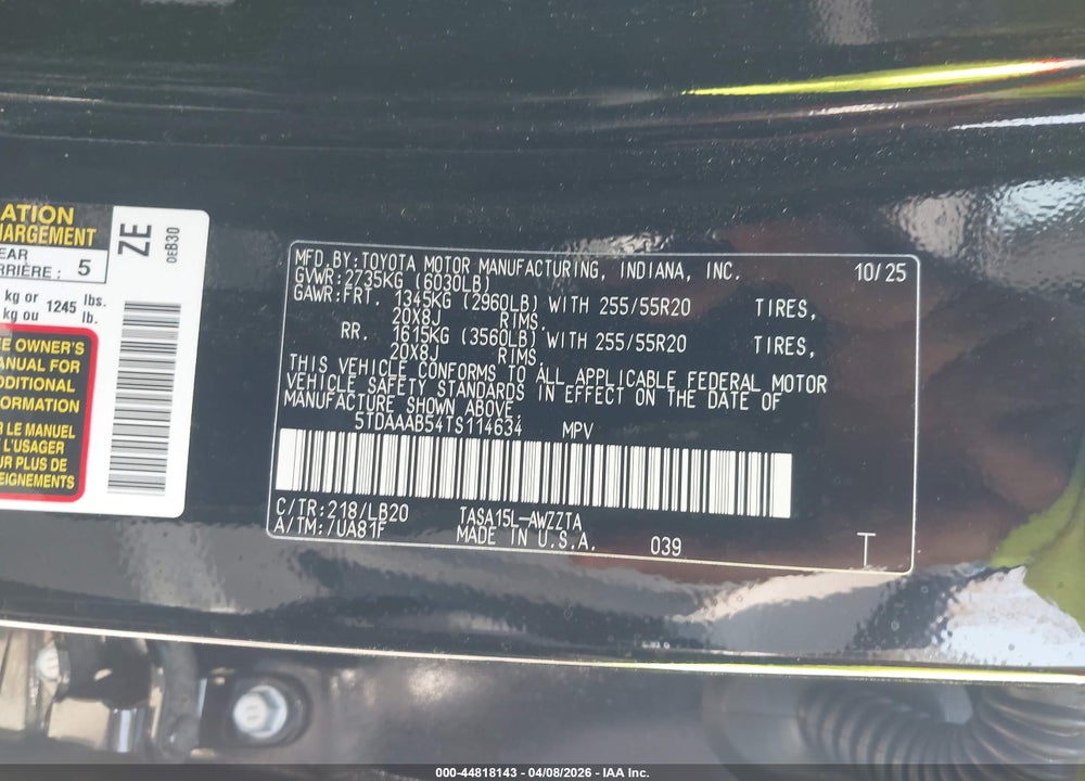 2026 TOYOTA GRAND HIGHLANDER PLATINUM VIN: 5TDAAAB54TS114634