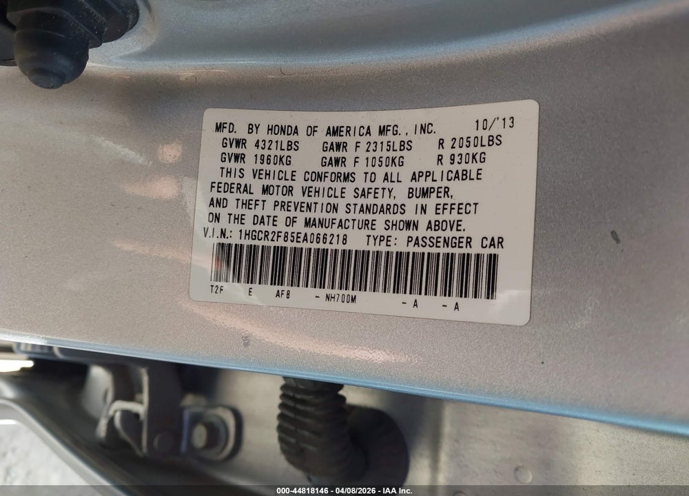 2014 HONDA ACCORD EX-L VIN: 1HGCR2F85EA066218