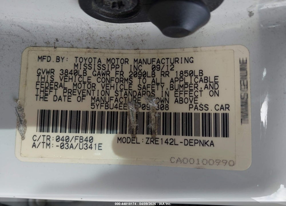 2013 TOYOTA COROLLA LE VIN: 5YFBU4EE6DP094308