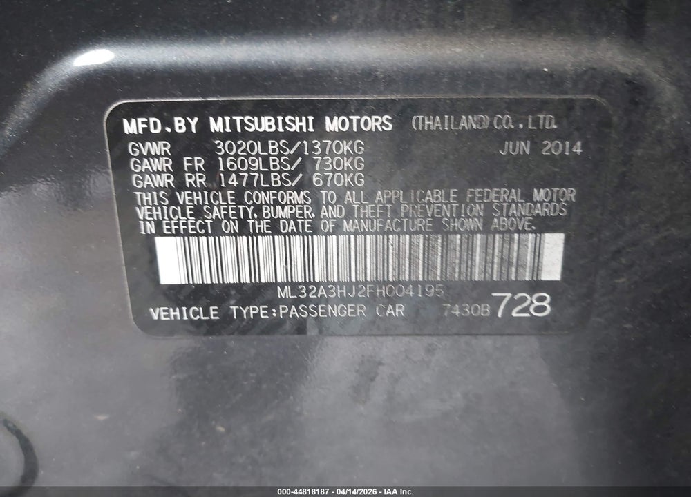 2015 MITSUBISHI MIRAGE DE/RF VIN: ML32A3HJ2FH004195