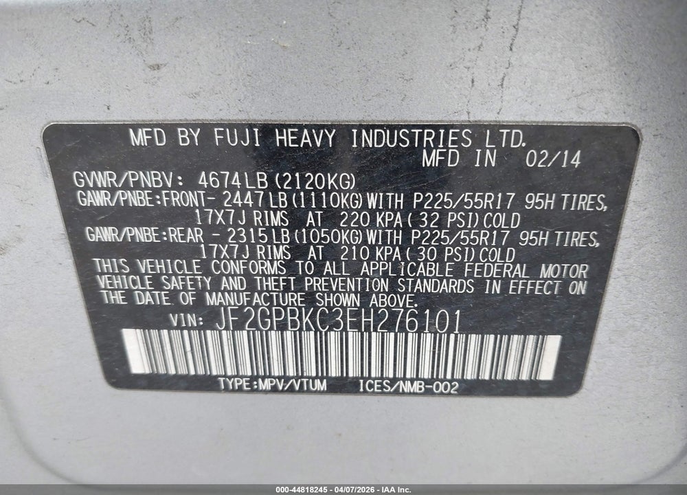2014 SUBARU XV CROSSTREK HYBRID 2.0I TOURING VIN: JF2GPBKC3EH276101