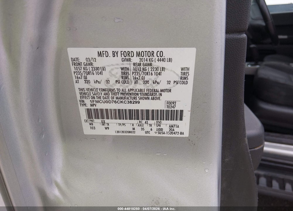 2012 FORD ESCAPE XLT VIN: 1FMCU0D76CKC38299