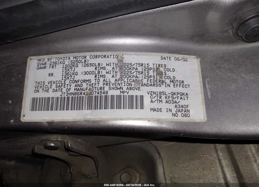 2002 TOYOTA 4RUNNER SR5 V6 VIN: JT3HN86R429074548