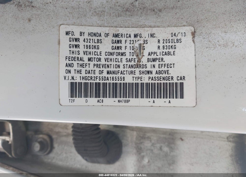 2013 HONDA ACCORD SPORT VIN: 1HGCR2F55DA165559