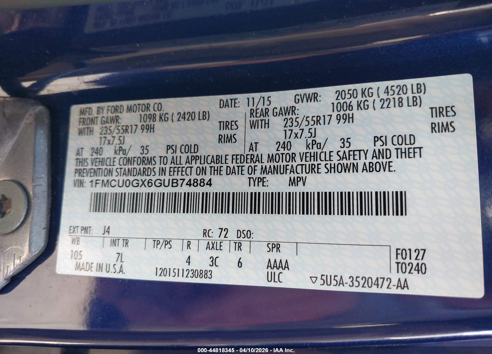 2016 FORD ESCAPE SE VIN: 1FMCU0GX6GUB74884