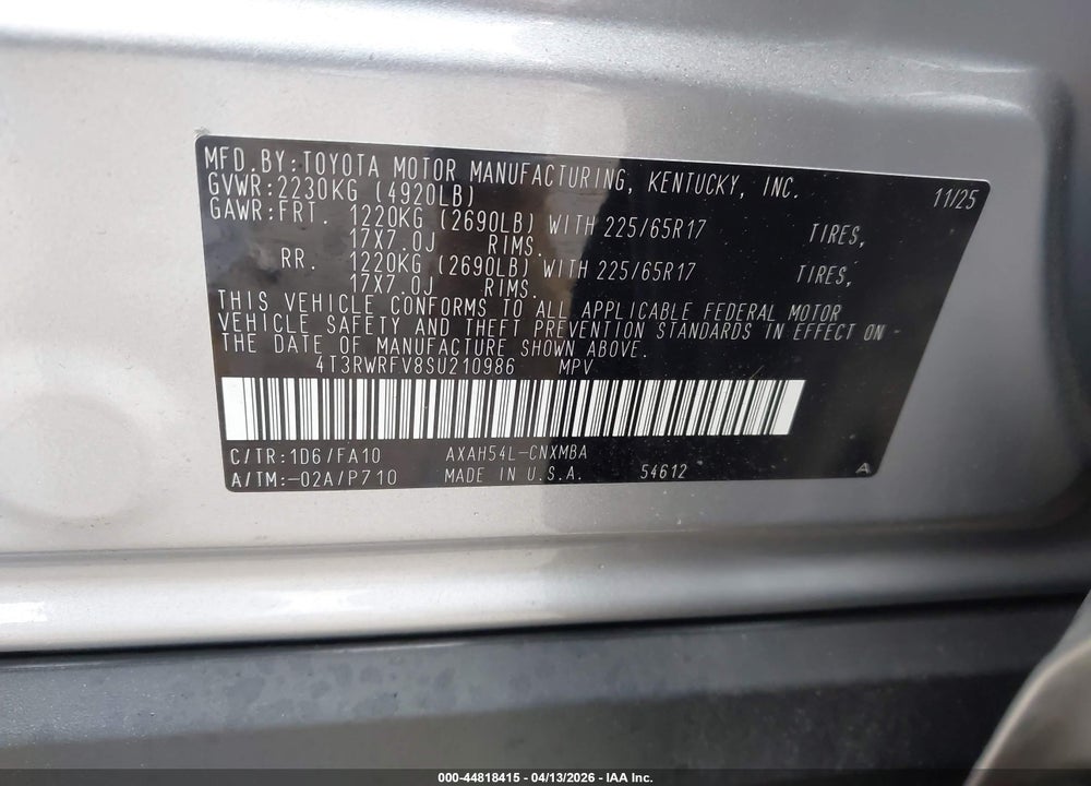 2025 TOYOTA RAV4 HYBRID XLE VIN: 4T3RWRFV8SU210986