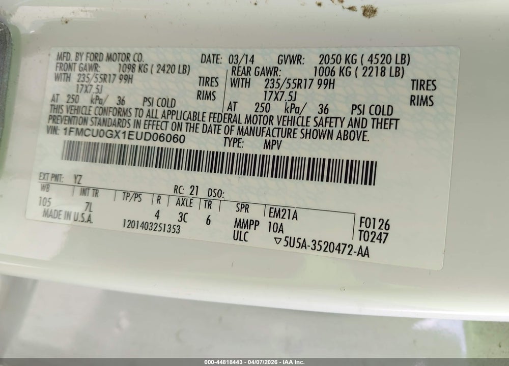 2014 FORD ESCAPE SE VIN: 1FMCU0GX1EUD06060